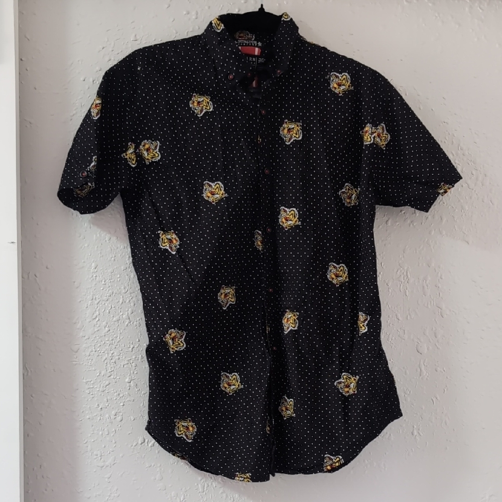 Raw Yarn Industries Tiger And Dot Print, Men's Short Sleeve Button Down Shirt, M